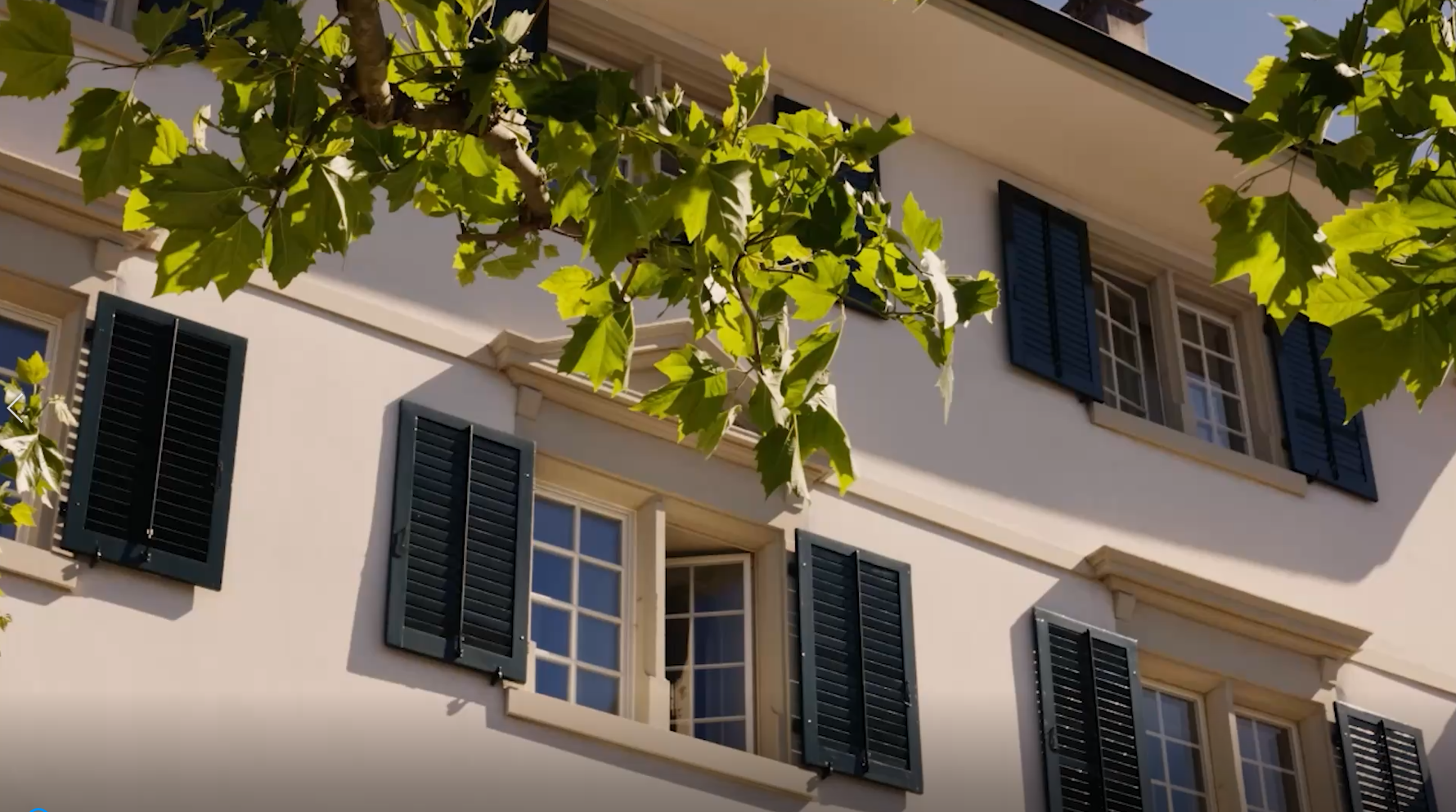Ein weißes Gebäude mit dunkelgrünen Fensterläden, von unten gesehen und teilweise beschattet von grünen, belaubten Ästen im Vordergrund, unter einem klaren blauen Himmel - eine ruhige Szene, die Nachhaltigkeit und Harmonie mit der Natur widerspiegelt.