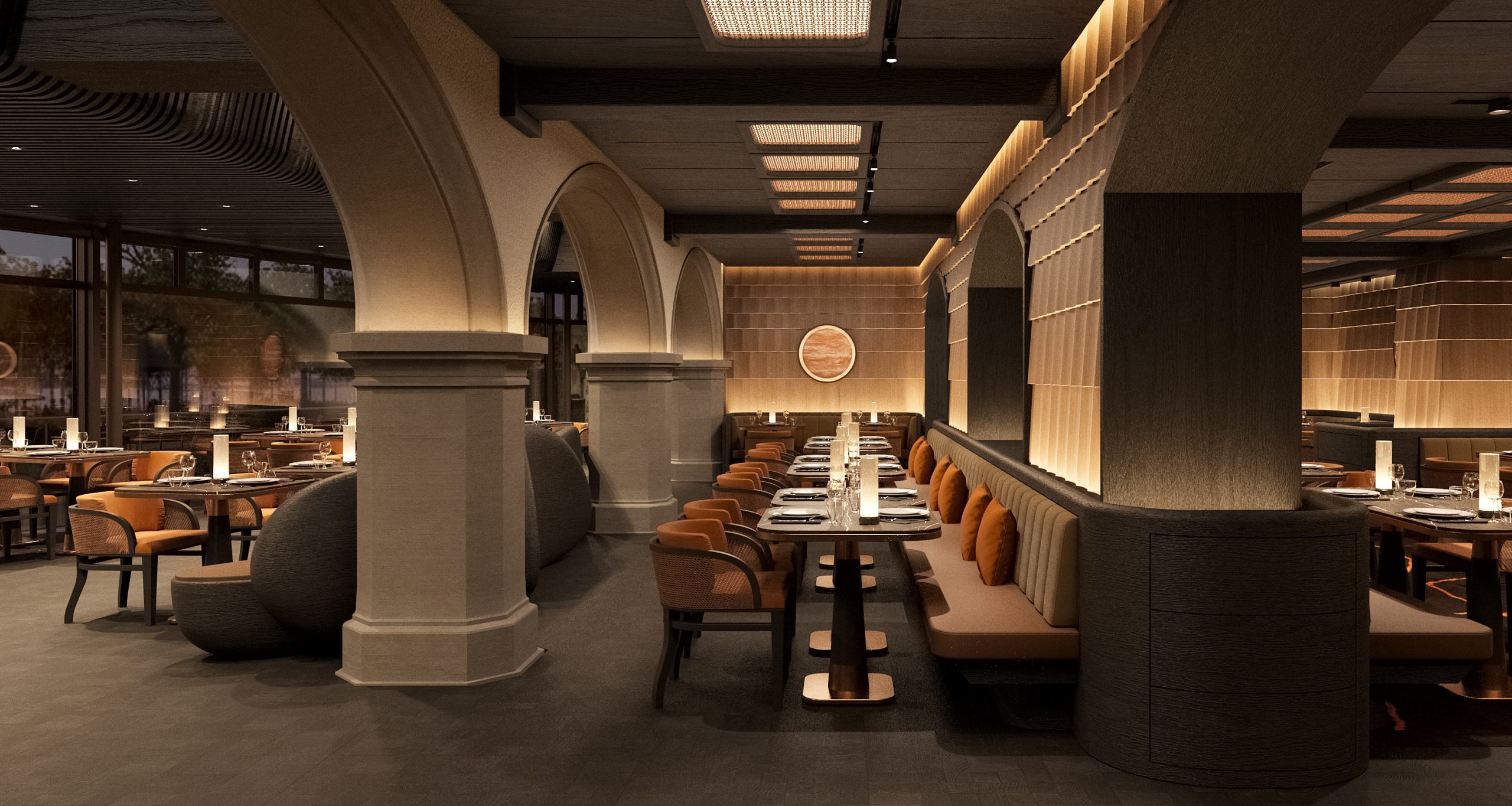 Intérieur d'un restaurant moderne avec des colonnes arquées, un éclairage doux, des tons bruns et beiges, des banquettes rembourrées, des tables en bois bien disposées et une atmosphère calme et sophistiquée.