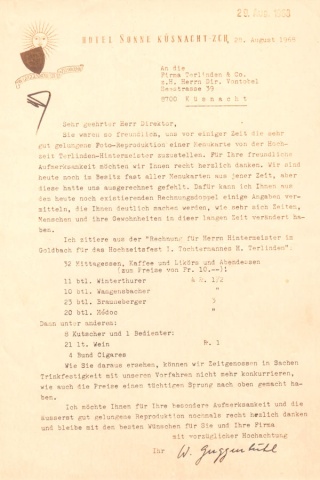 Schreiben vom Sonnewirt W.Guggenbühl an Firma Terlinden, 1968